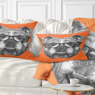 Design Art English Bulldog With Glasses - Animal Printed Throw Pillow In Orange;grey