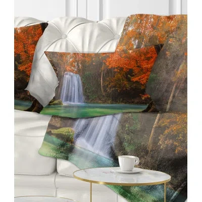 Design Art Erawan Waterfall - Landscape Printed Pillow In Green;orange