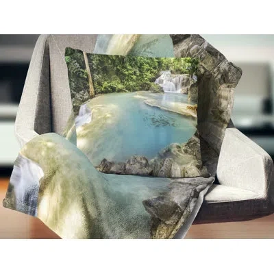 Design Art Erawan Waterfall Top View - Landscape Printed Pillow In Blue;green