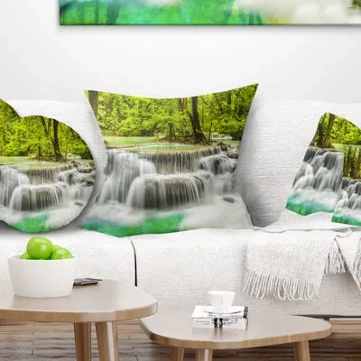 Design Art Erawan Waterfall View - Landscape Printed Pillow In White;green