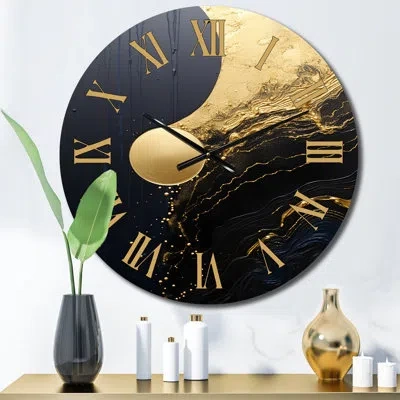 Design Art Essential Nature Abstract Gold And Black Ii Metal Wall Clock In Black;gold