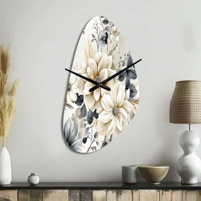 Design Art Ethereal Blue And White Chrysanthemum Boho Pattern - Floral Unique Shape Metal Wall Clock, Cottage A