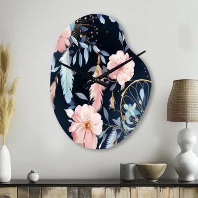 Design Art Ethereal Dreamcatchers Boho Pattern - Floral Unique Shape Metal Clock, Cottage Asymmetrical Wall Clo In Pink
