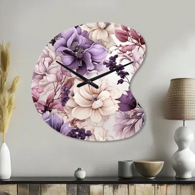 Design Art Ethereal Floral Delight Victorian Pattern - Floral Unique Shape Metal Wall Clock, Cottage Asymmetric In Purple