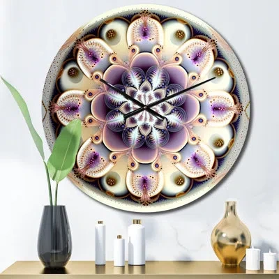 Design Art Ethereal Fractal Mandal In Purple And Yellow Ii Metal Wall Clock
