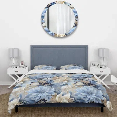 Design Art Ethereal Rococo Flourish Victorian Pattern V - Floral Duvet Cover Set - Microfiber Polyester In Blue;white