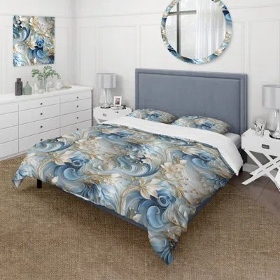 Design Art Ethereal Rococo Swirls Victorian Pattern Ii Duvet Cover Set In Blue;white;gold