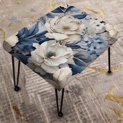 Design Art Ethereal Shadows Moody Patterns I - Floral Rectangle Ottoman In Blue;white