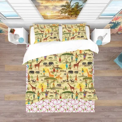 Design Art Ethnic African Texture - African Wildlife Duvet Cover Set - Microfiber Polyester In Yellow;gold
