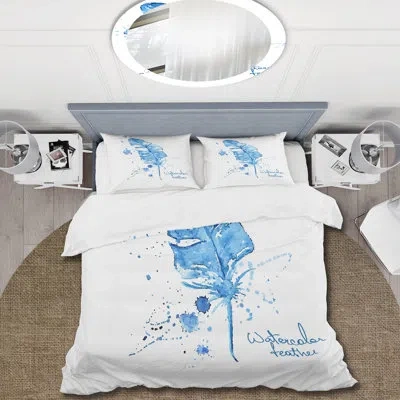 Design Art Ethnic Blue Feather - Bohemian & Eclectic Duvet Cover Set - Microfiber Polyester In White,blue