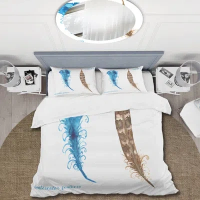 Design Art Ethnic Boho Feathers - Bohemian & Eclectic Duvet Cover Set - Microfiber Polyester In Blue,brown