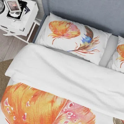 Design Art Ethnic Brown Feather From Wing I - Bohemian & Eclectic Duvet Cover Set - Microfiber Polyester In Orange,white
