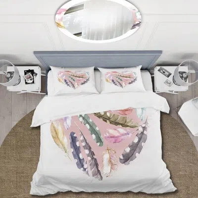 Design Art Ethnic Feather Heart - Bohemian & Eclectic Duvet Cover Set - Microfiber Polyester In Pink,gray,white;pink,gray,white