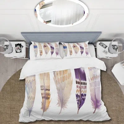 Design Art Ethnic Purple Boho Feathers - Bohemian & Eclectic Duvet Cover Set - Microfiber Polyester In Purple,brown
