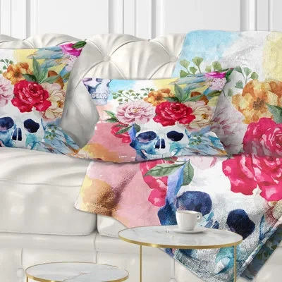 Design Art Ethnic Skull With Flowers - Floral Printed Pillow