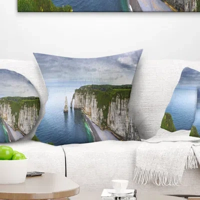 Design Art Etretat Aval Cliff And Rocks - Sea & Shore Printed Throw Pillow In Blue