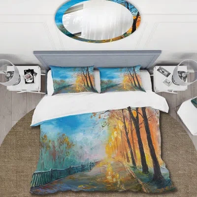 Design Art Evening On Autumn Road - Traditional Duvet Cover Set - Microfiber Polyester In Blue