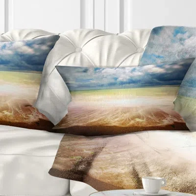 Design Art Exotic Beach On Cloudy Summer Day - Sea & Shore Printed Throw Pillow In Blue;white