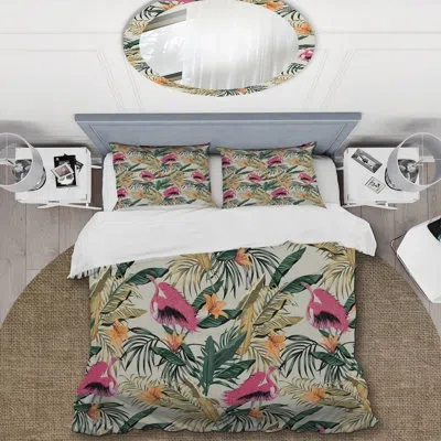 Design Art Exotic Jungle Illustration - Floral Duvet Cover Set - Microfiber Polyester In Green,pink