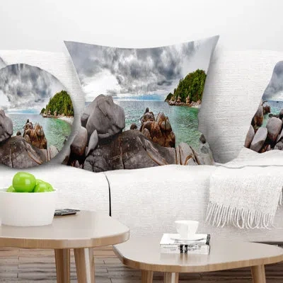 Design Art Exotic Tropical Beach Under Blue Sky - Sea & Shore Printed Pillow In Blue;white