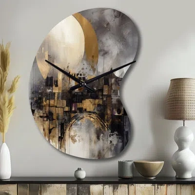 Design Art Exploring The Evolving Golden Moon I - Landscape Unique Shape Metal Wall Clock, Yellow Asymmetrical  In Gray;yellow