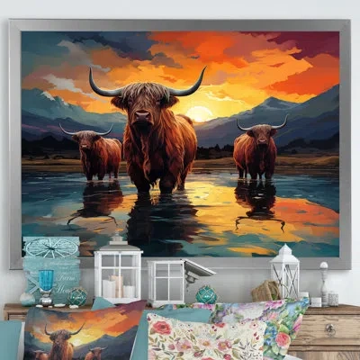 Design Art Expressionist Yaks Horizon Ii On Canvas Print In Silver Single Picture Framed
