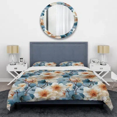 Design Art Exquisite Beauty Blue Floral Melody - Floral Duvet Cover Set In Blue;white