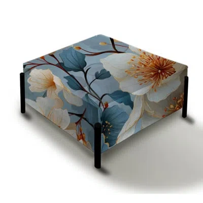 Design Art Exquisite Beauty Blue Floral Melody - Floral Large Square Ottoman In Blue;white
