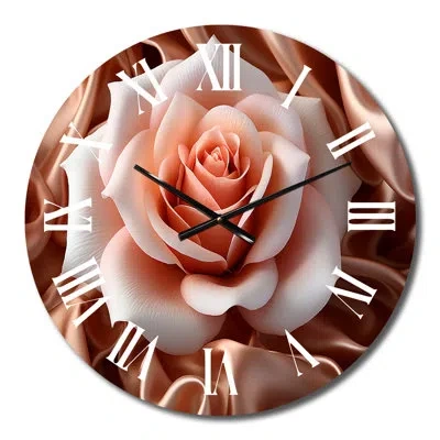 Design Art Exquisite Blossoming Pink Rose Glam Elegance I Metal Wall Clock In White;pink