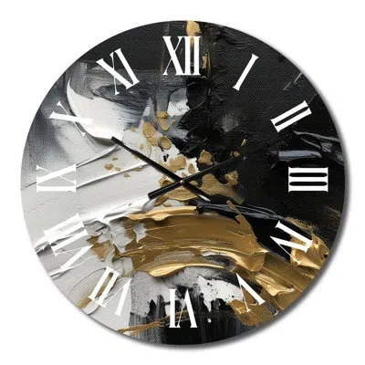 Design Art Exquisite Darling Gold Abstract Wave On Black I Metal Wall Clock In Black;white;gold