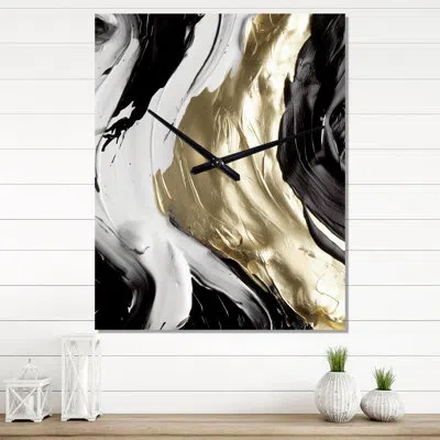 Design Art Exquisite Darling Gold Abstract Wave On Black Iv - Abstract Painting Modern Wall Clock In Black;gold