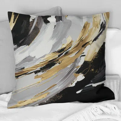 Design Art Exquisite Darling Gold Abstract Wave On Black V - Abstract Painting Printed Throw Pillow In Black;gold