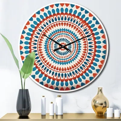 Design Art Exquisite Mandala In Retro Blue And Orange Ii Metal Wall Clock In Blue;white;red