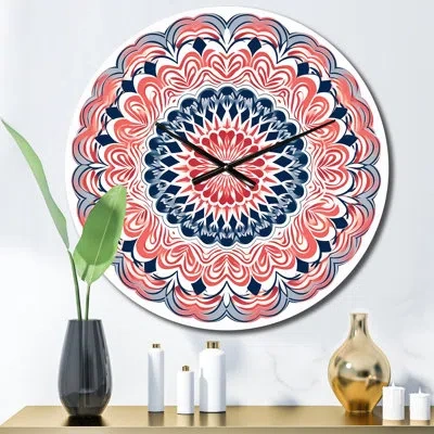 Design Art Exquisite Mandala In Retro Blue And Orange Iii Metal Wall Clock In Pink