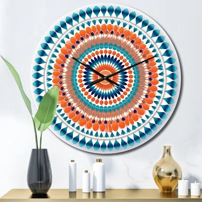 Design Art Exquisite Mandala In Retro Blue And Orange Metal Wall Clock In Blue;white;orange
