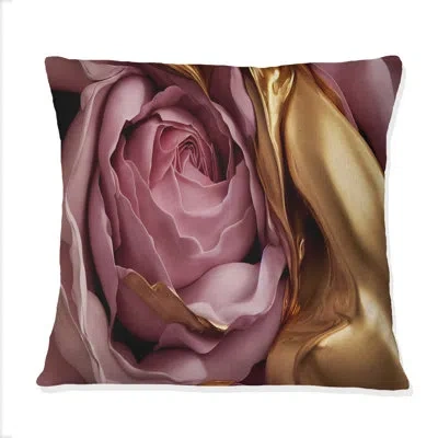 Design Art Exquisite Pink And Gold Glam Roses I - Rose Printed Throw Pillow In Pink;gold