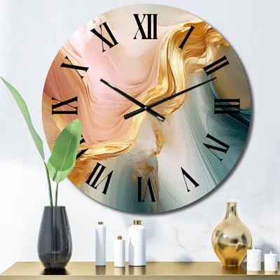Design Art Exquisite Wave Harmony Liquid Gold Pink Blue I Wall Clock