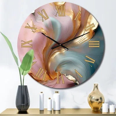 Design Art Exquisite Wave Harmony Liquid Gold Pink Blue Iii Metal Wall Clock In Green;pink;gold