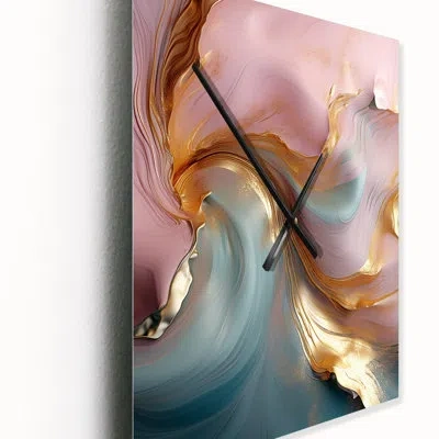Design Art Exquisite Wave Harmony Liquid Gold Pink Iii - Abstract Shapes Wall Clock Oversized In Pink;gold
