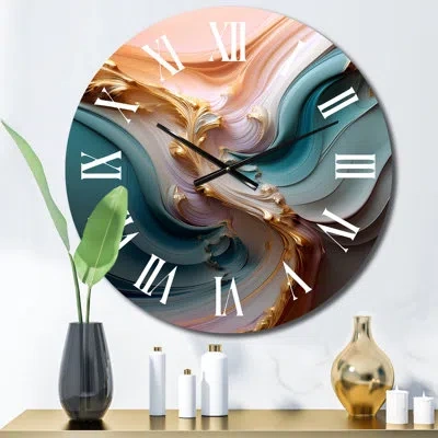 Design Art Exquisite Wave Symphony Liquid Gold Pink Blue Iii Wall Clock In White;pink;gold;teal
