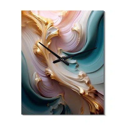Design Art Exquisite Wave Symphony Liquid Gold Pink I - Abstract Shapes Wall Clock In Pink;gold