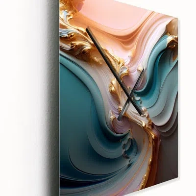 Design Art Exquisite Wave Symphony Liquid Gold Pink Iii - Abstract Shapes Wall Clock In Pink;gold