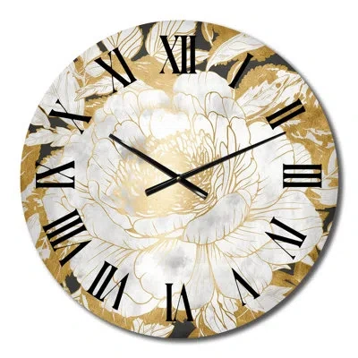 Design Art Exquisite White Rose Blooming Floral Gold Glam Ii Metal Wall Clock In White;beige