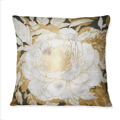 Design Art Exquisite White Rose Blooming Floral Gold Glam Ii - Rose Printed Throw Pillow In White;gold