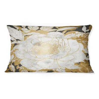 Design Art Exquisite White Rose Blooming Floral Gold Glam Ii - Rose Printed Throw Pillow In White;gold