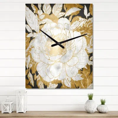Design Art Exquisite White Rose Blooming Floral Gold Glam Ii - Rose Wall Clock Oversized In White;gold