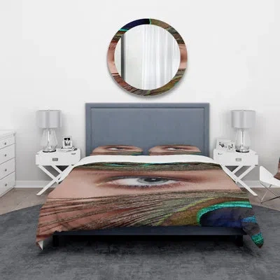 Design Art Eye And Peacock Feathers - Bohemian & Eclectic Duvet Cover Set - Microfiber Polyester In Green