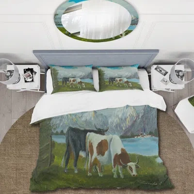 Design Art F A Black And A Spotted Cow In Front Of A Lake - Farmhouse Duvet Cover Set - Microfiber Polyester In Blue