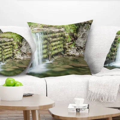 Design Art Fabulous Man Made Waterfall - Landscape Printed Throw Pillow In White;green
