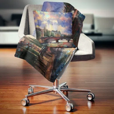 Design Art Fabulous Paris City Watercolor - Landscape Printed Pillow In Blue